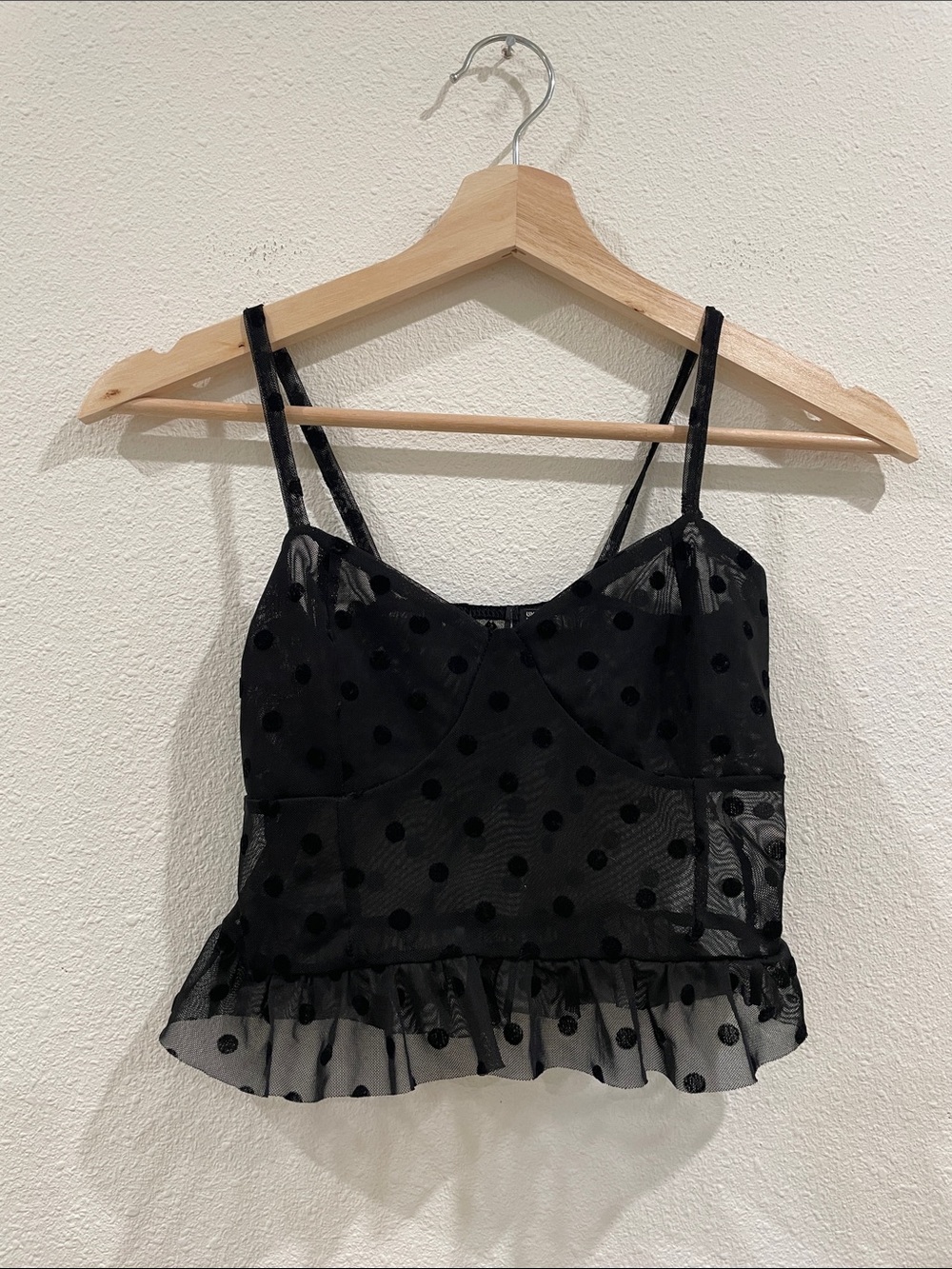Black Polka Dot‎ Sheer Mesh Bustier Cami Top Ruffle Hem Babydoll  Coquette XS